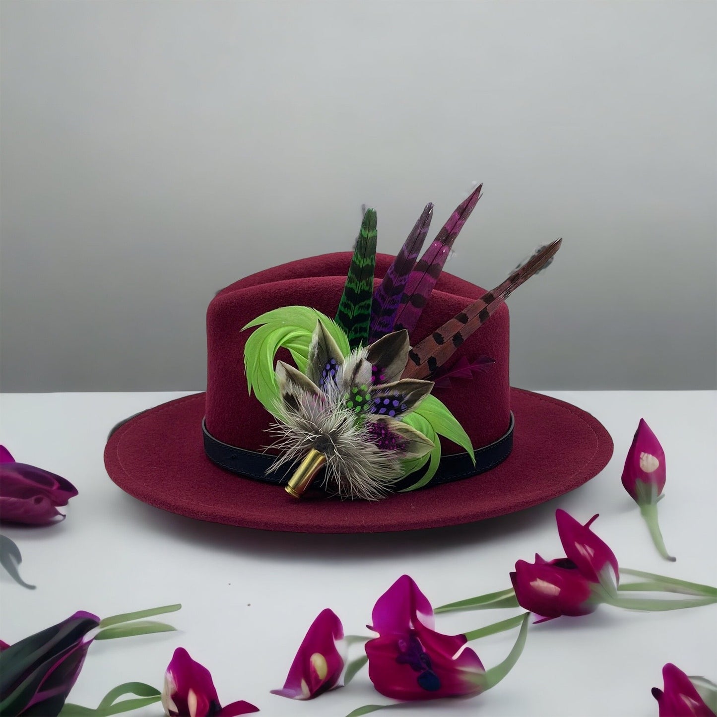 Lime. Purple, Cerise & Natural Feather hat Pin (CFP167)