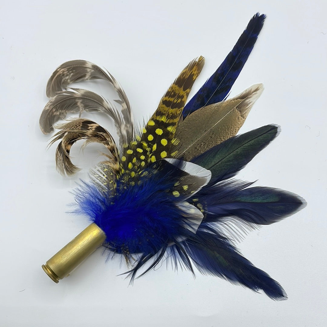 Blue, Yellow & Natural Feather Pin (CFP112) - Reduced Ex-Display