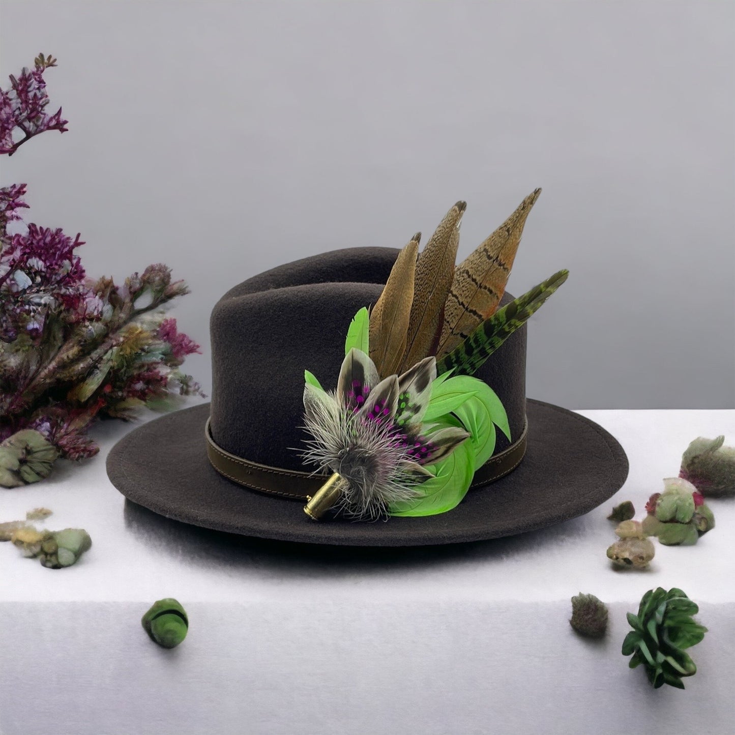 Lime Green, Cerise & Natural Feather Hat Pin (CFP166)