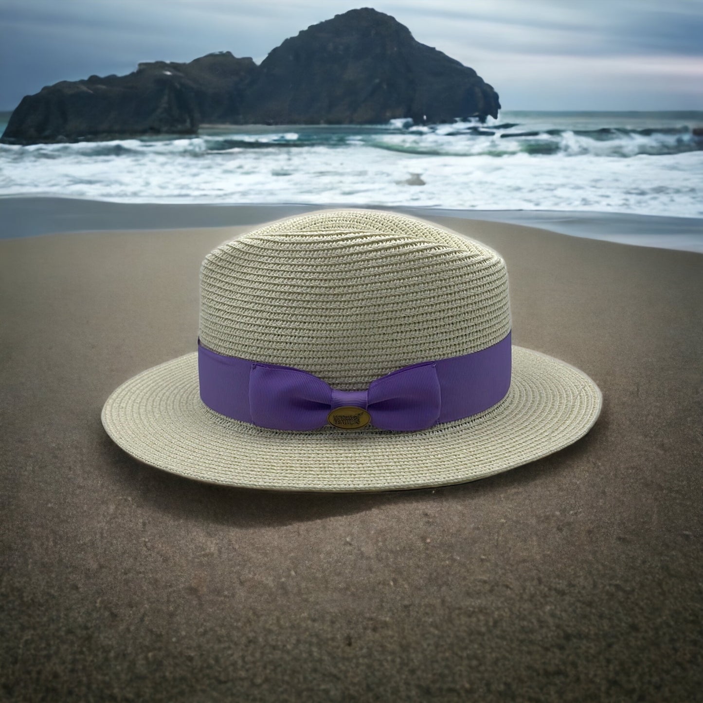 Fedora Straw Hat with Lilac Ribbon Band