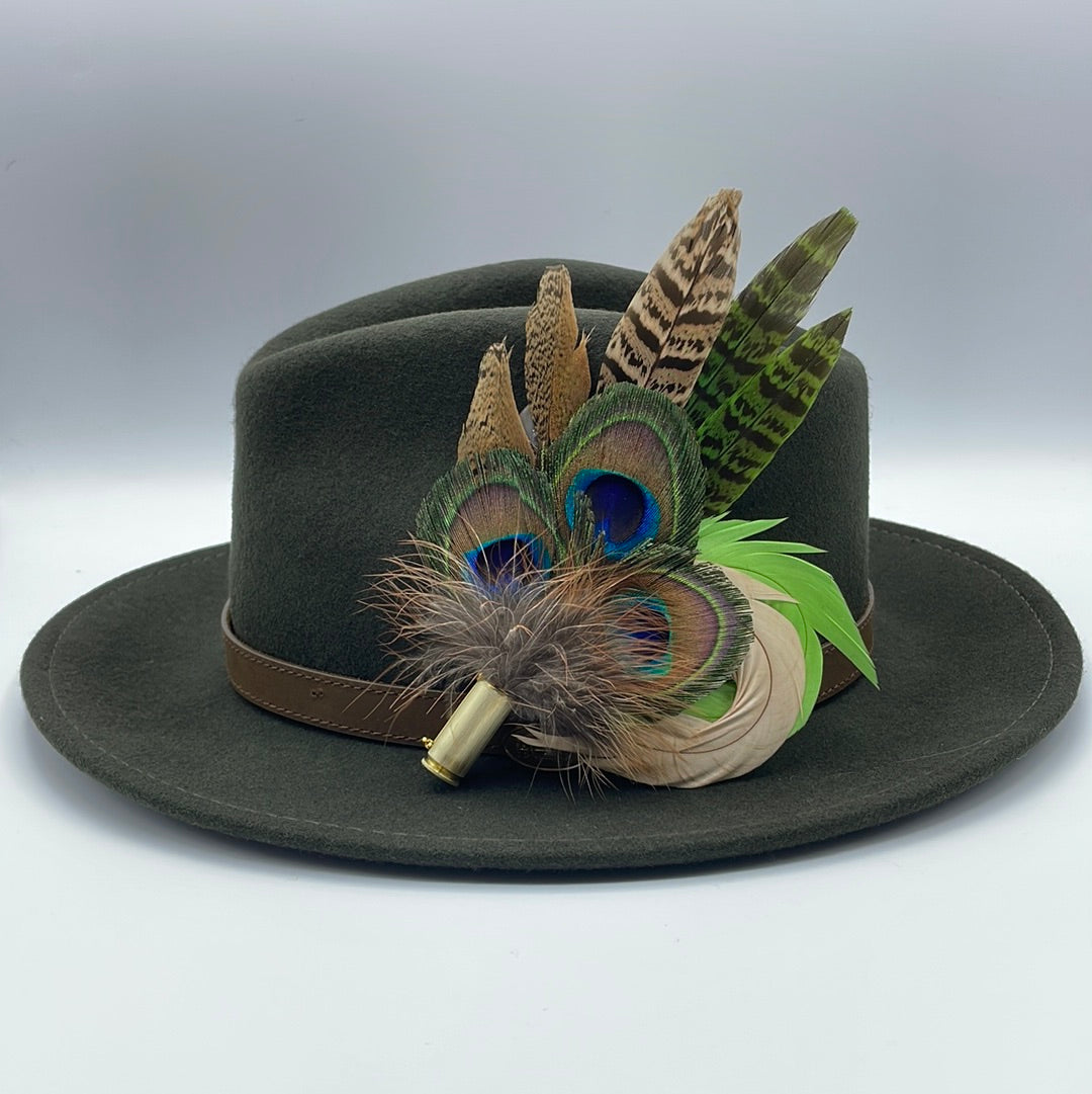 Peacock, Champagne, Green & Natural Feather Hat Pin (CFP175)