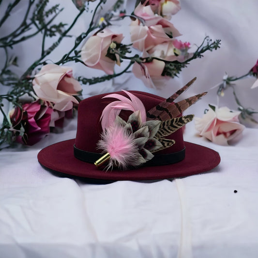 Pink, Ruby & Natural Feather Hat Pin (CFP142)