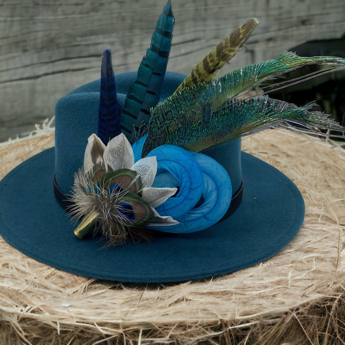 Peacock, Turquoise & Natural Feather Hat Pin (CFP248)