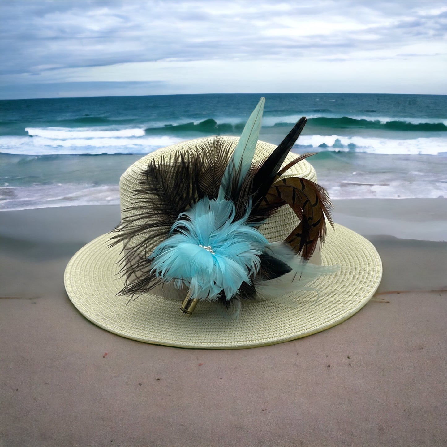 Aqua & Natural Feather Hat Pin (CFP189)