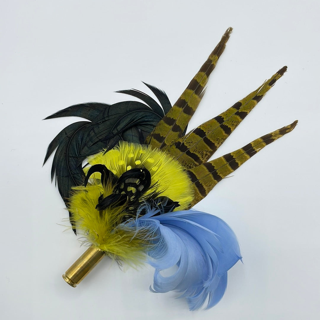 Light Blue, Yellow & Natural Feather Hat Pin (CFP110)