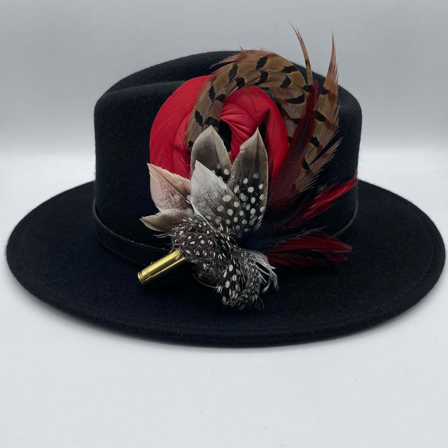 Red, Black, White & Natural Feather Hat Pin (CFP246)