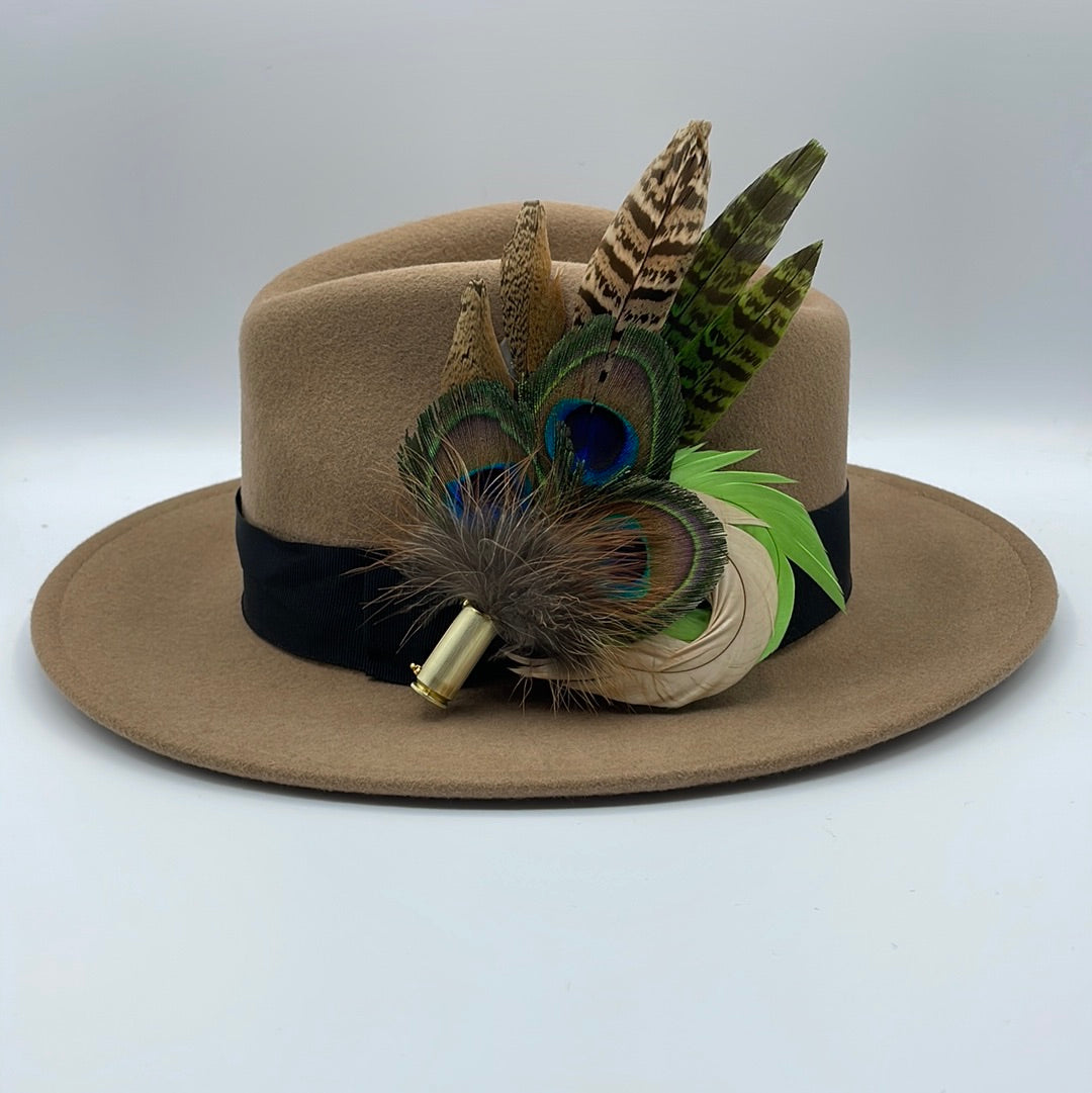 Peacock, Champagne, Green & Natural Feather Hat Pin (CFP175)