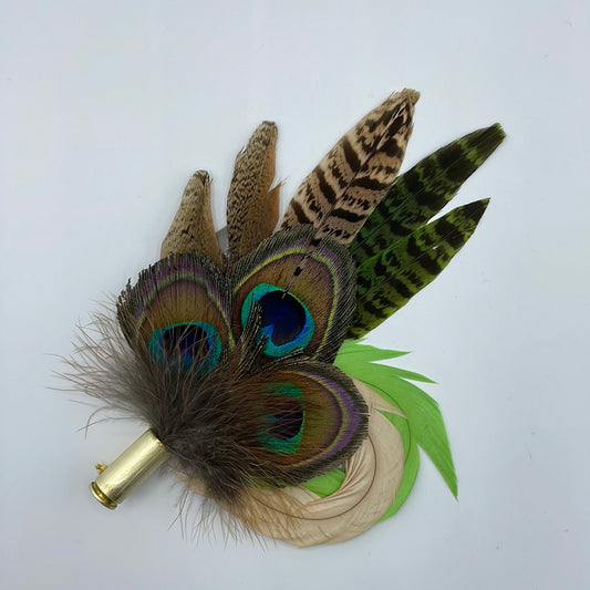 Peacock, Champagne, Green & Natural Feather Hat Pin (CFP175)